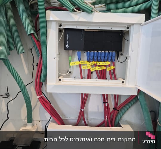 ארון תקשורת עם כבלים צבעוניים ומתג רשת